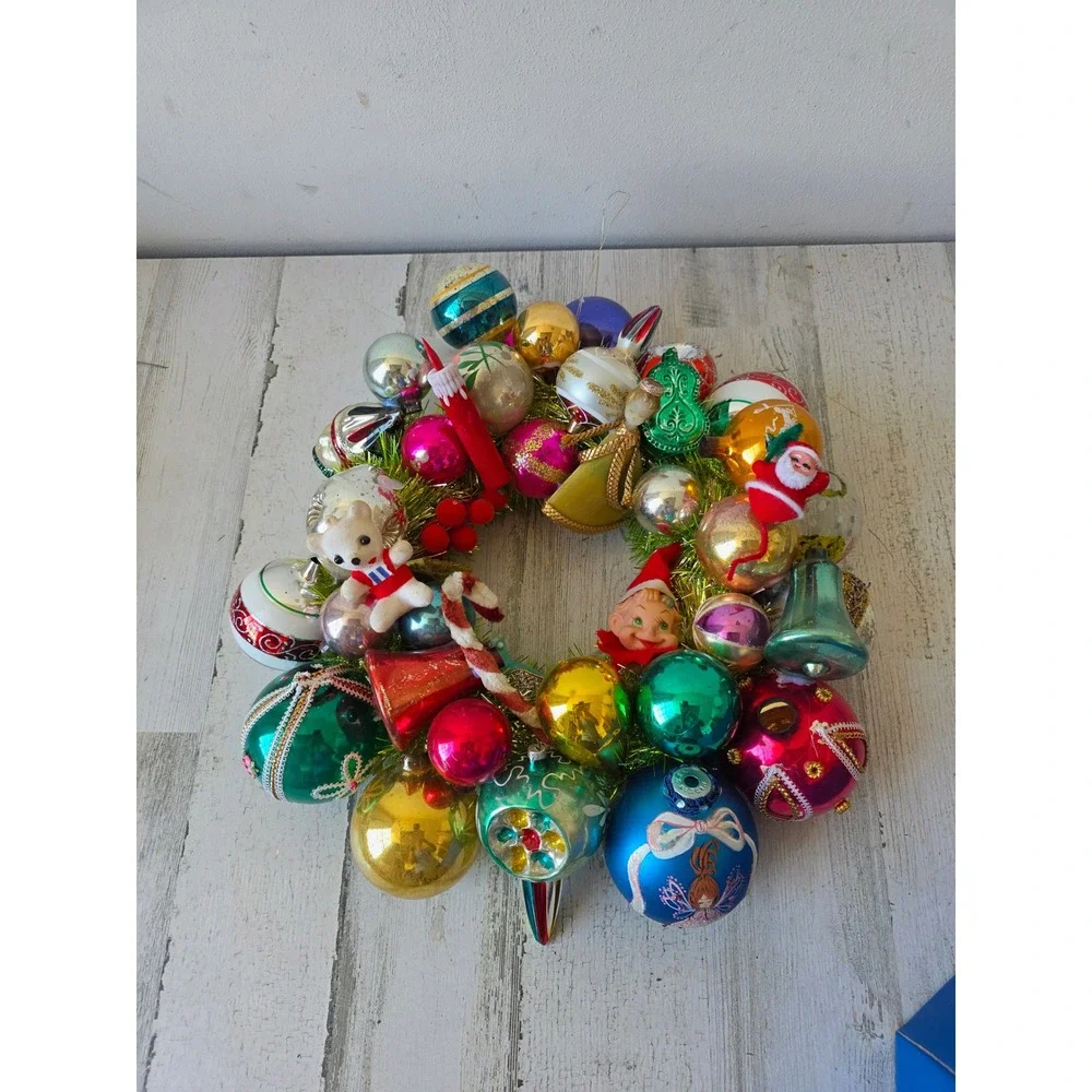 Antique vintage glass ornament wreath pixie knee hugger Santa Xmas hanging decor